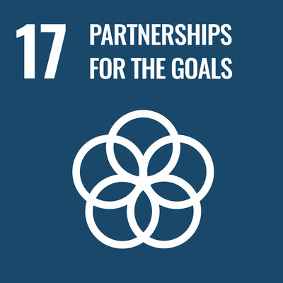 Graphic of United Nations Sustainable Development Goal (SDG) 17: Partnerships for the Goals, featuring a white interlocking circles icon on a blue background.