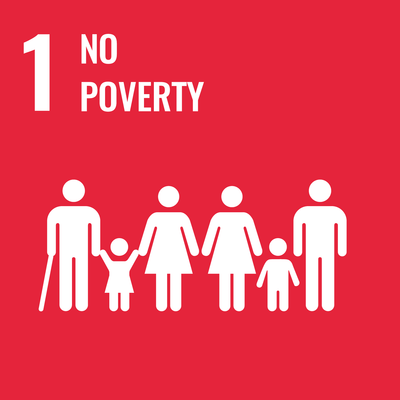 The image features the Sustainable Development Goal 1 icon, depicting five white figures on a red background with the text "1 NO POVERTY.