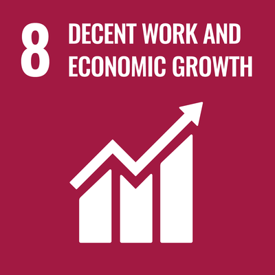 A red graphic showing a white upward arrow and bar chart, representing "Decent Work and Economic Growth" for Sustainable Development Goal 8.