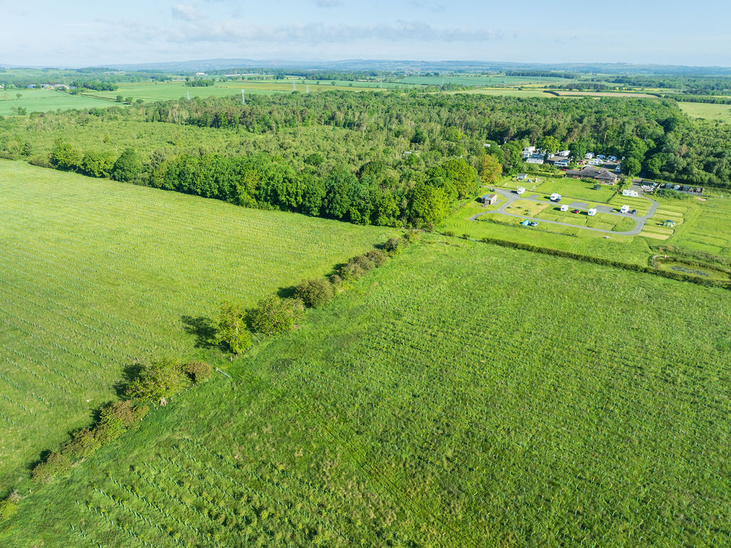 An aerial view of a green, rural landscape in Northumberland with fields, trees for carbon capture, and a small cluster of buildings near the centre and background of the image.