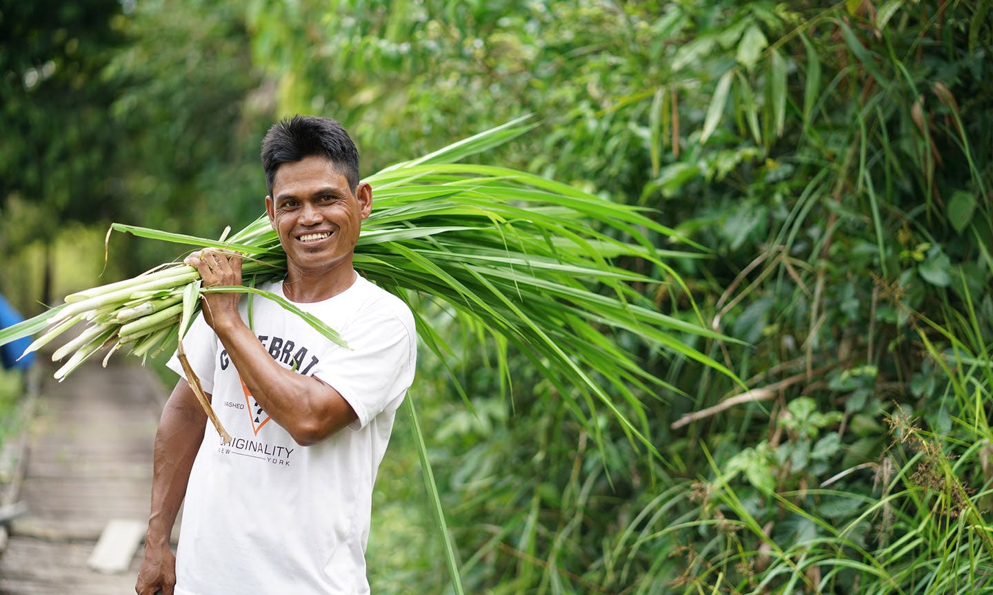 Smiling person standing outside on a wooden path, holding a large bundle of long green leaves over their shoulder.