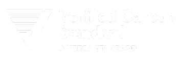 White Verified Carbon Standard logo with a checkmark and circular emblem, representing carbon offset verification