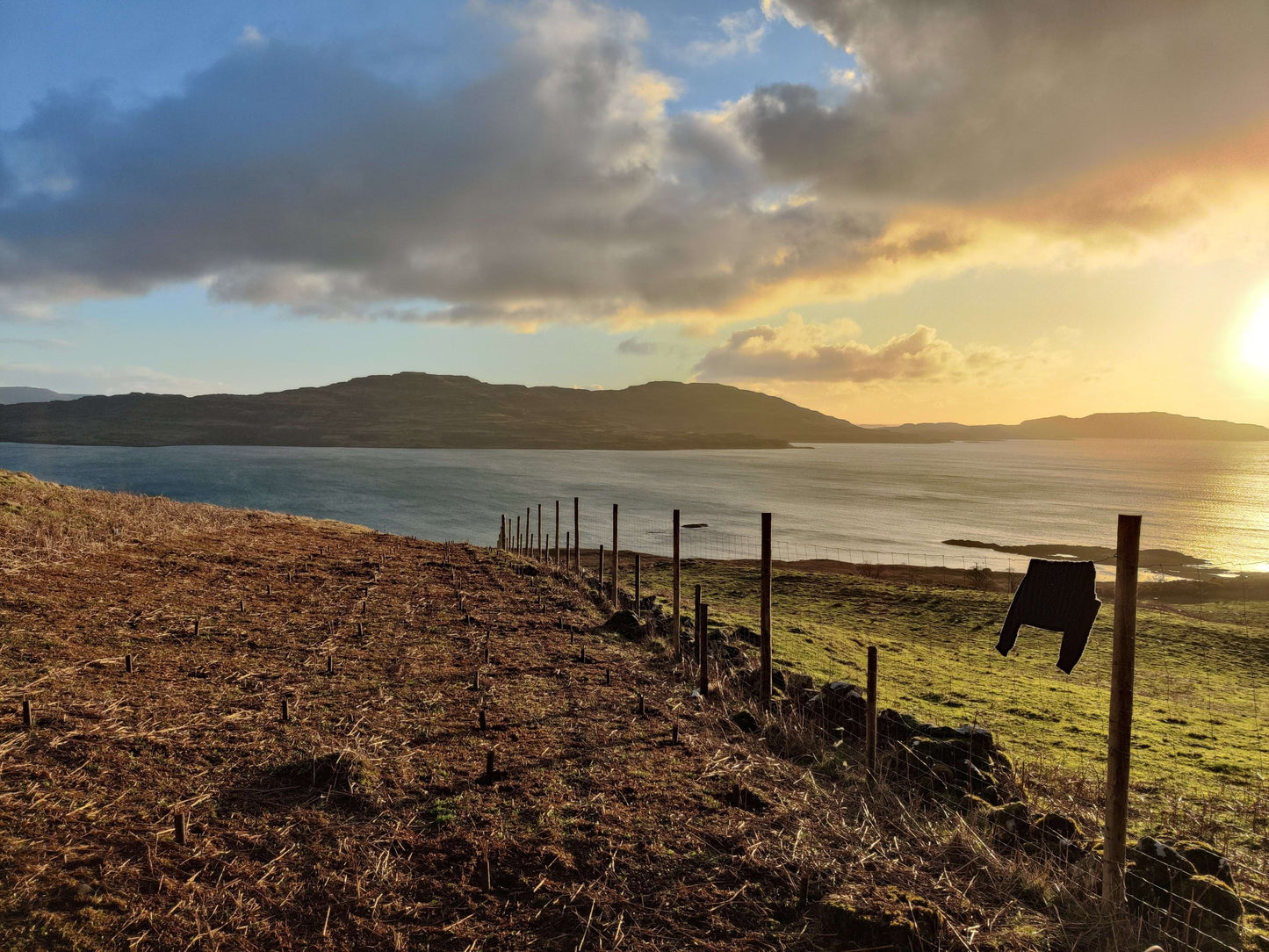 Scenic view of a coastal landscape with a fence and mountains in the background.