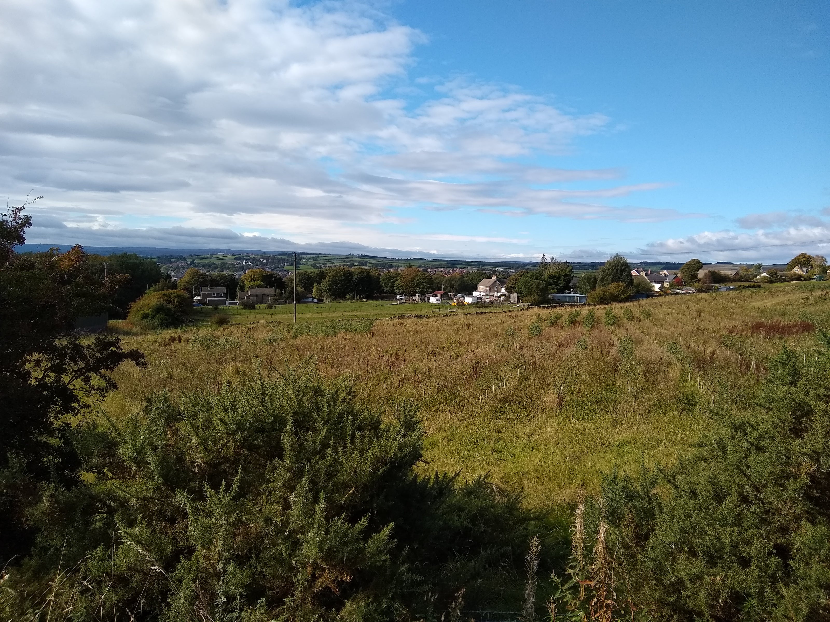 A broad view of a rural landscape with open fields, scattered houses, and a partly cloudy sky.